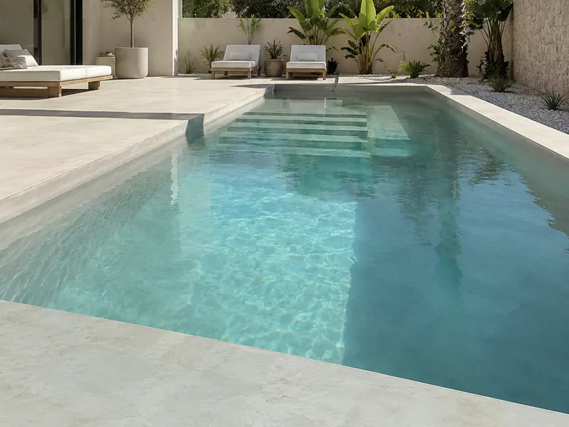 Piscina con playa y coronación de microcemento en tono arena